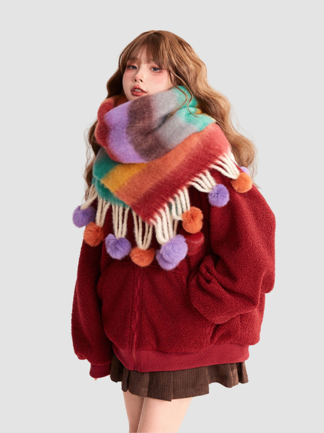 WLS Colorful Striped Fur Ball Soft Scarf