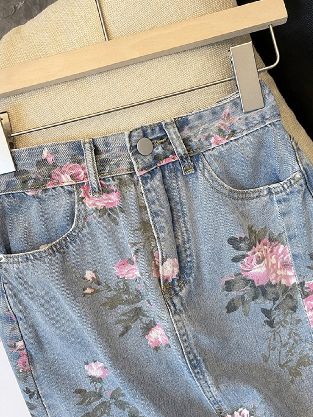 WLS Slim Split Denim Print Midi Skirt