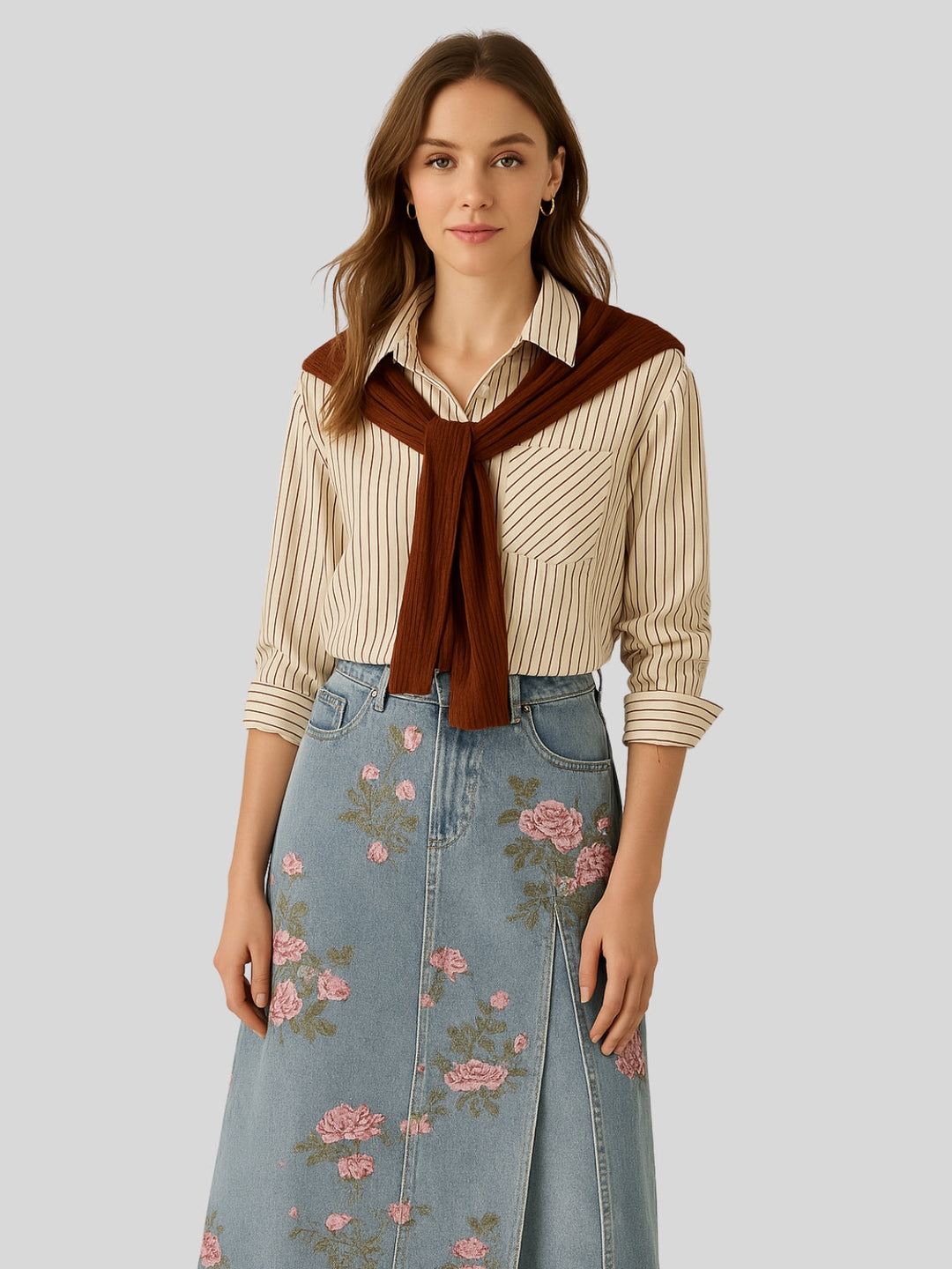 WLS Slim Split Denim Print Midi Skirt