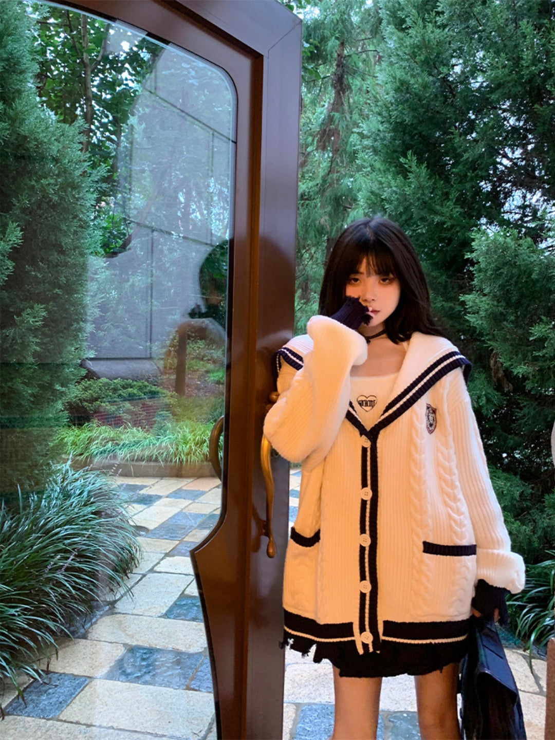 WLS Loose Navy Collar Knitted Cardigan Sweater