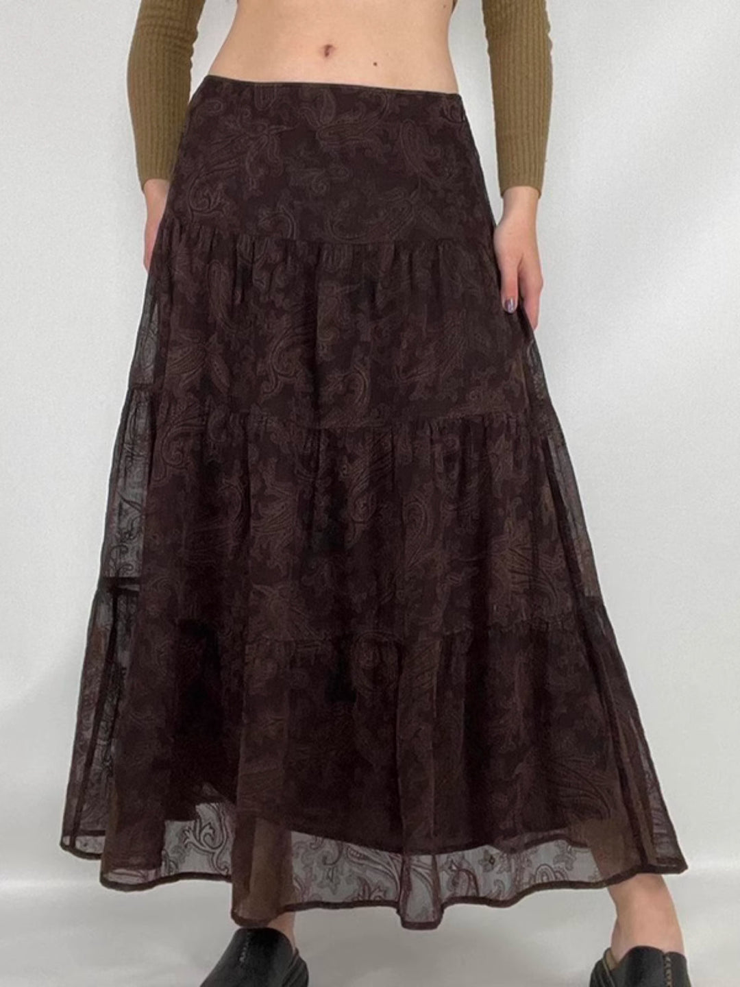 WLS Retro Cashew Flower Double-Layer Long Skirt