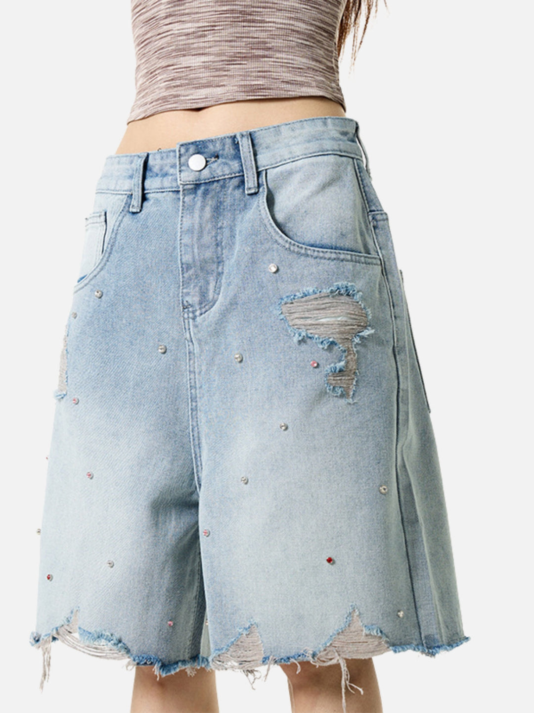 RetroShine Rhinestone Wide‑Leg Denim Shorts