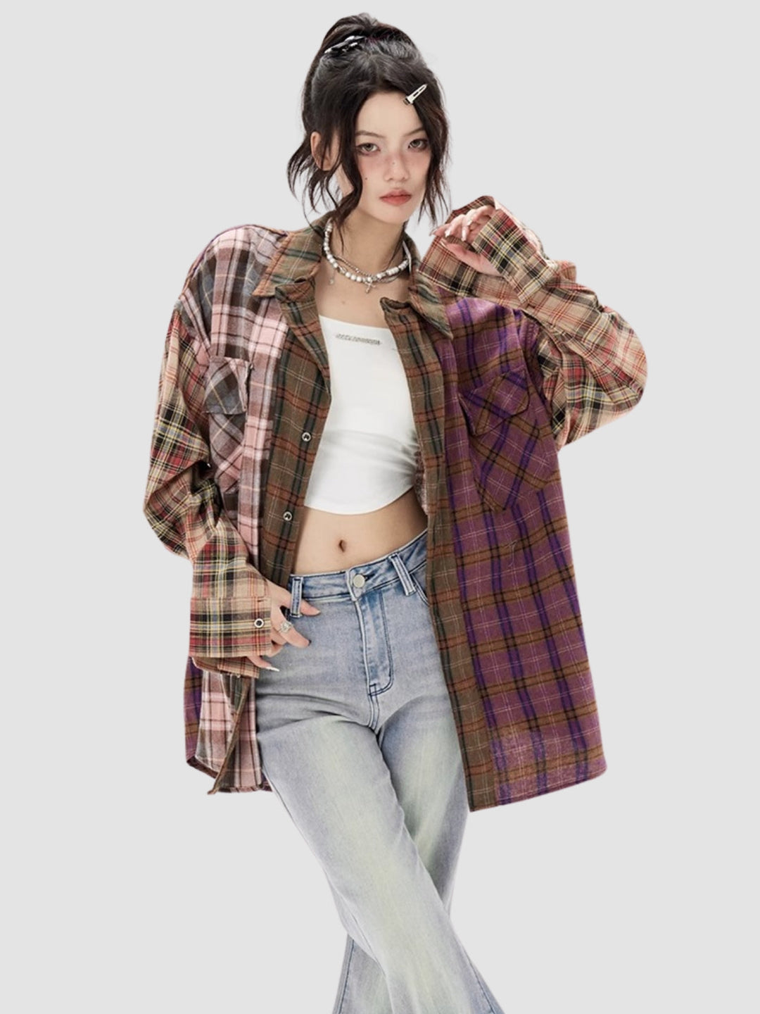 WLS Irregular Splicing Loose Retro Plaid Shirt