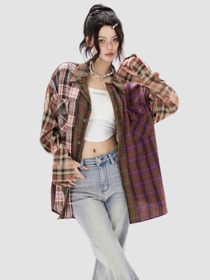 WLS Irregular Splicing Loose Retro Plaid Shirt