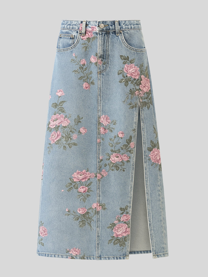 WLS Slim Split Denim Print Midi Skirt