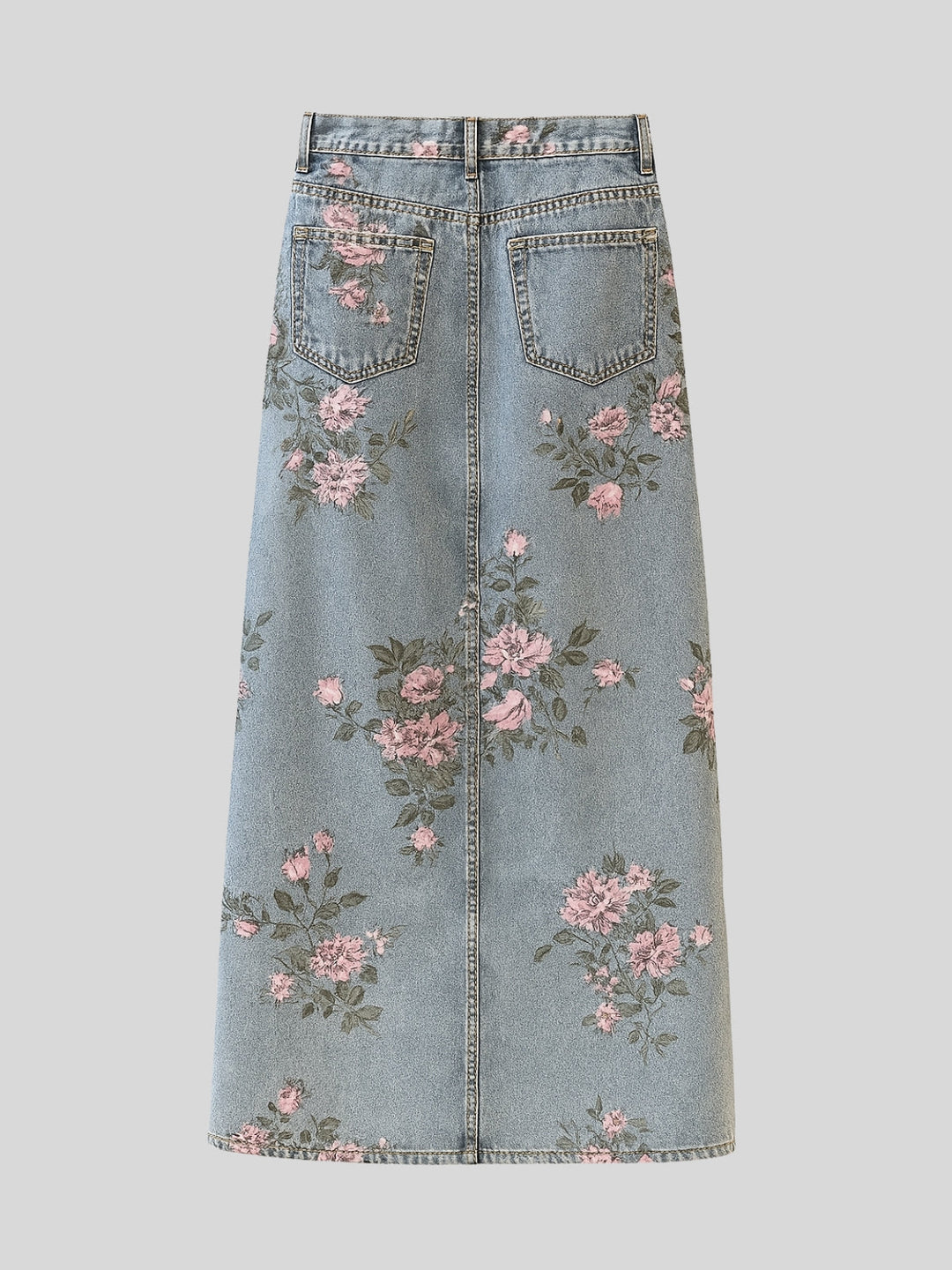 WLS Slim Split Denim Print Midi Skirt