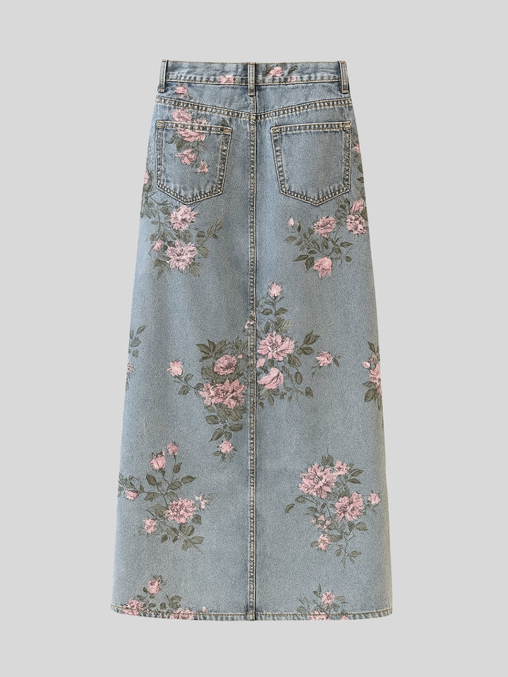 WLS Slim Split Denim Print Midi Skirt