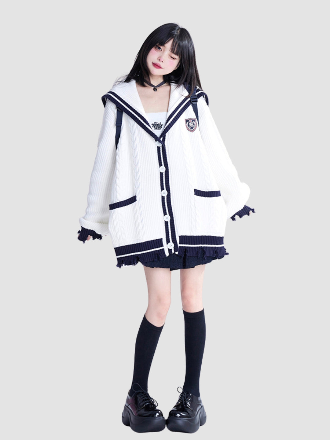WLS Loose Navy Collar Knitted Cardigan Sweater
