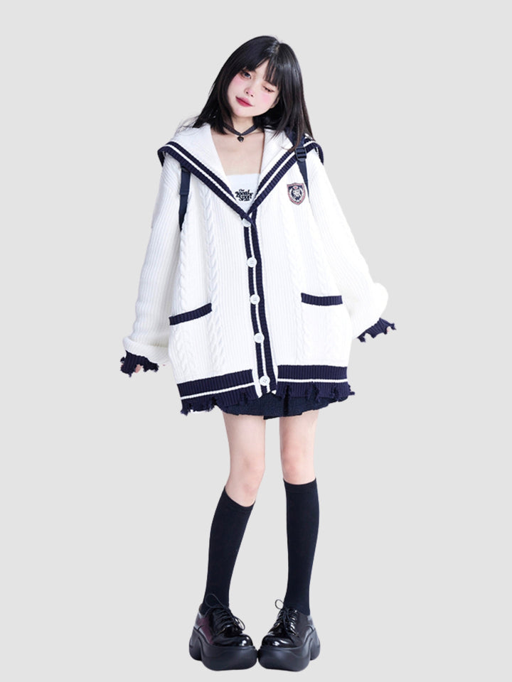WLS Loose Navy Collar Knitted Cardigan Sweater