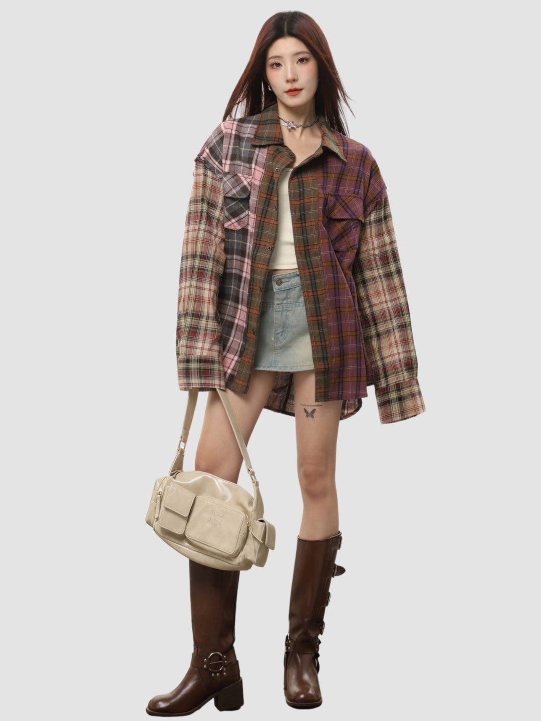 WLS Irregular Splicing Loose Retro Plaid Shirt