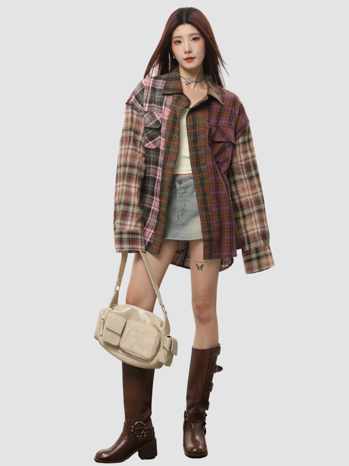 WLS Irregular Splicing Loose Retro Plaid Shirt