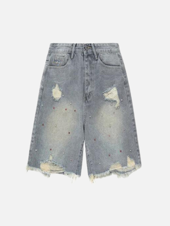 RetroShine Rhinestone Wide‑Leg Denim Shorts