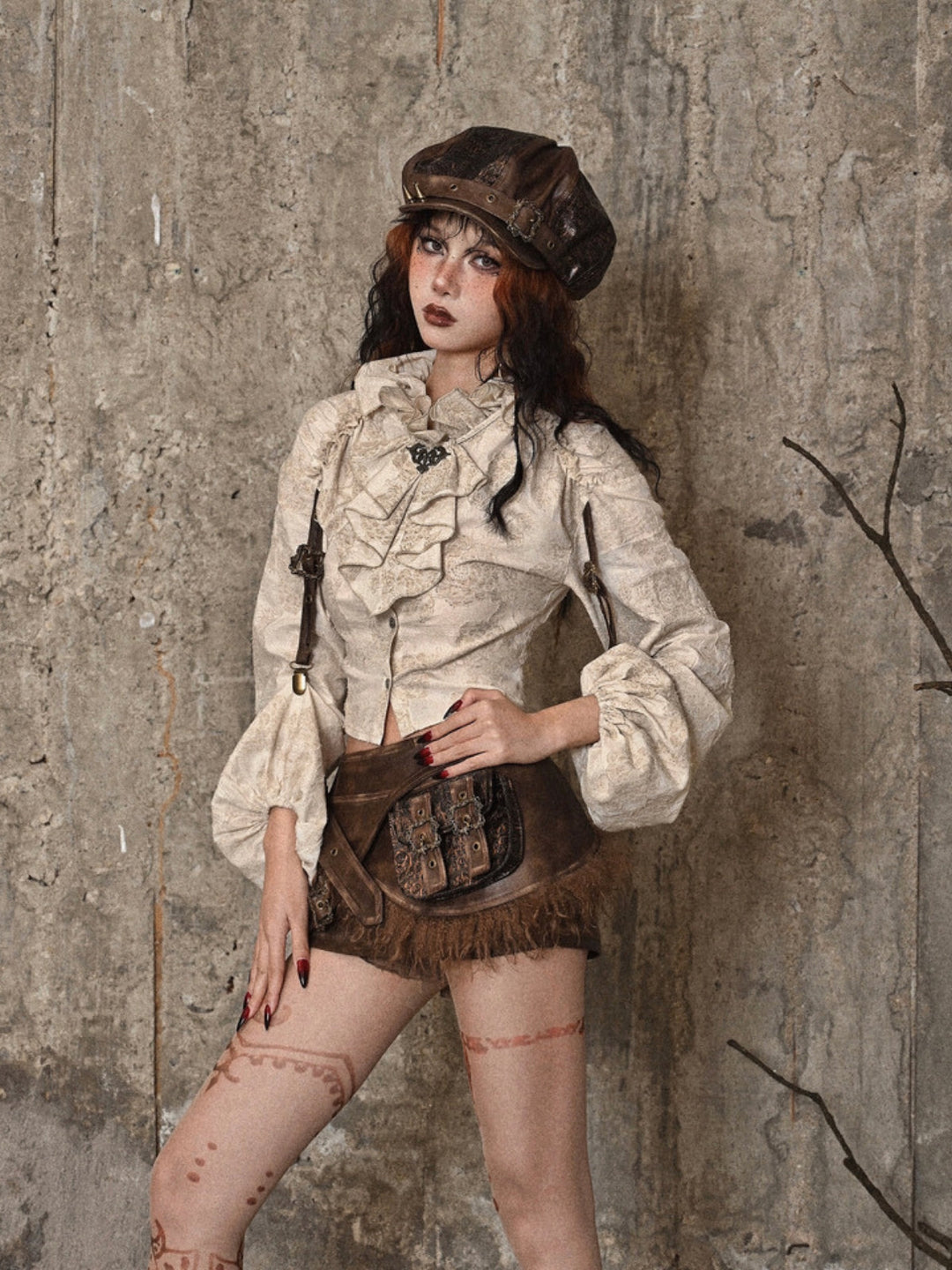 WLS Steampunk Stand Collar Ruffled  Linen Shirt