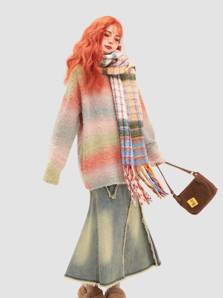 WLS Colorful Striped Fur Ball Soft Scarf