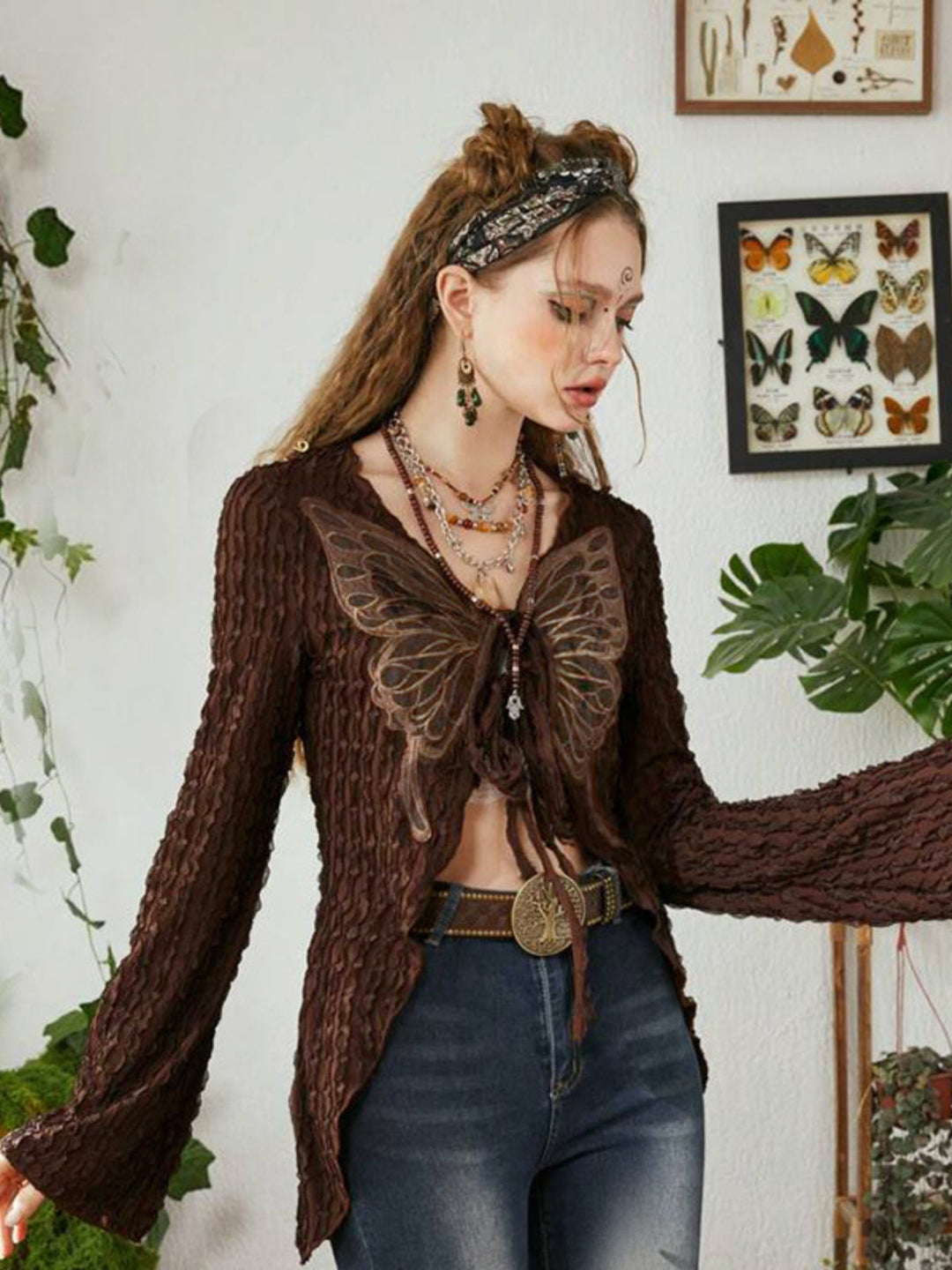 WLS Retro Vintage Butterfly Pleated Cardigan
