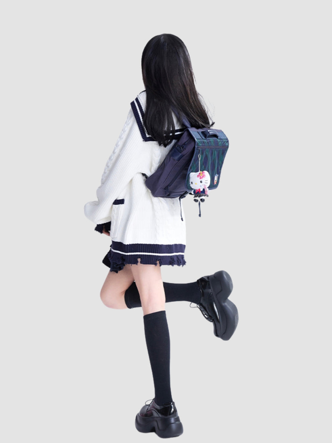 WLS Loose Navy Collar Knitted Cardigan Sweater
