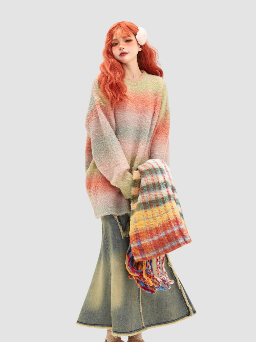 WLS Colorful Striped Fur Ball Soft Scarf