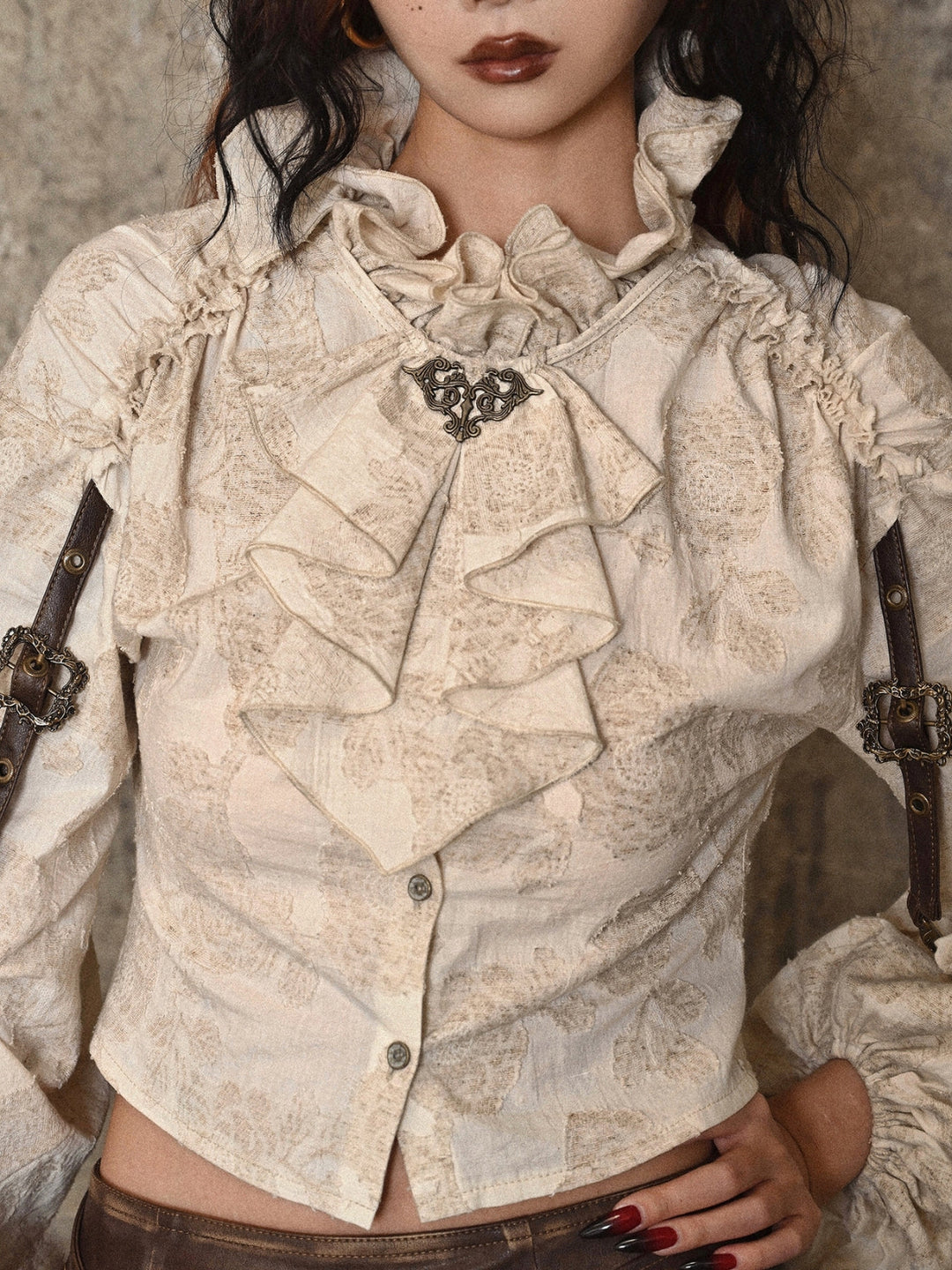 WLS Steampunk Stand Collar Ruffled  Linen Shirt