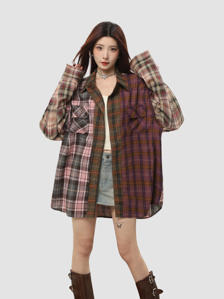 WLS Irregular Splicing Loose Retro Plaid Shirt