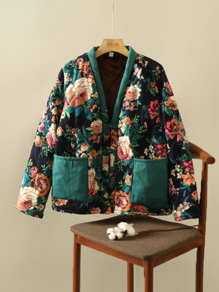WLS Large Flowered Thickened Cotton Buckle Cardigan