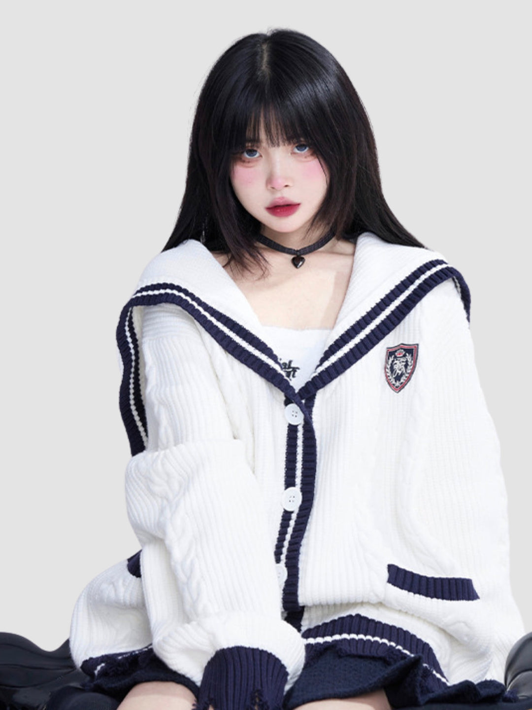 WLS Loose Navy Collar Knitted Cardigan Sweater