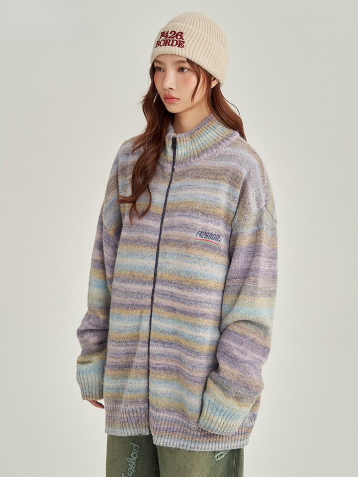 We Love Street Loose Colorful Striped Cardigan Full Zip Sweater