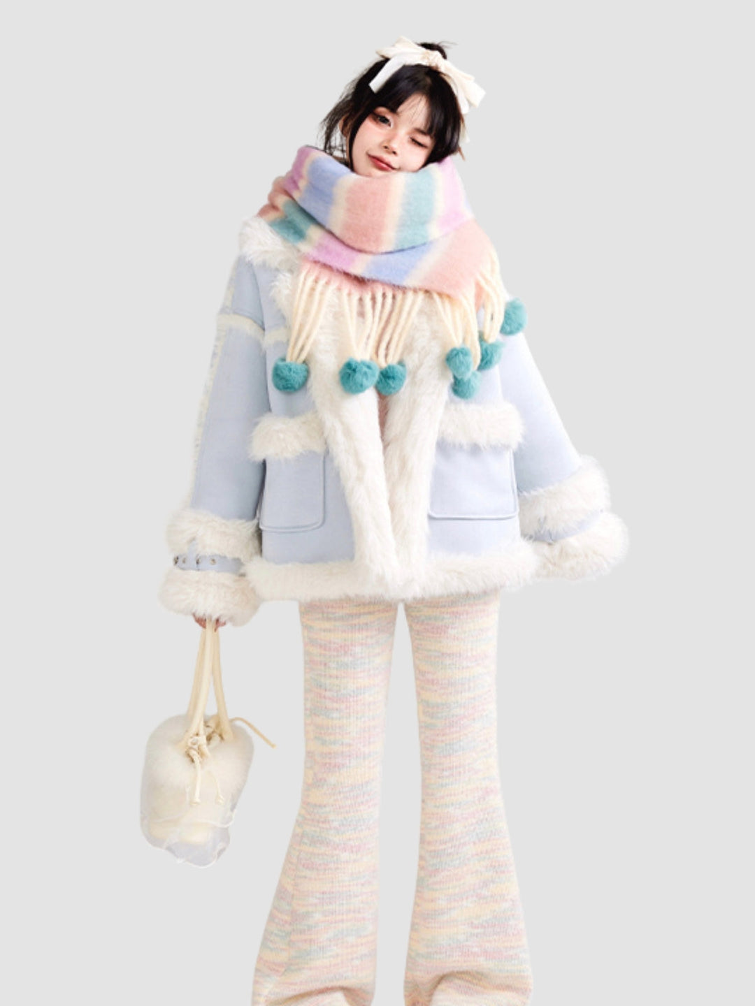 WLS Colorful Striped Fur Ball Soft Scarf