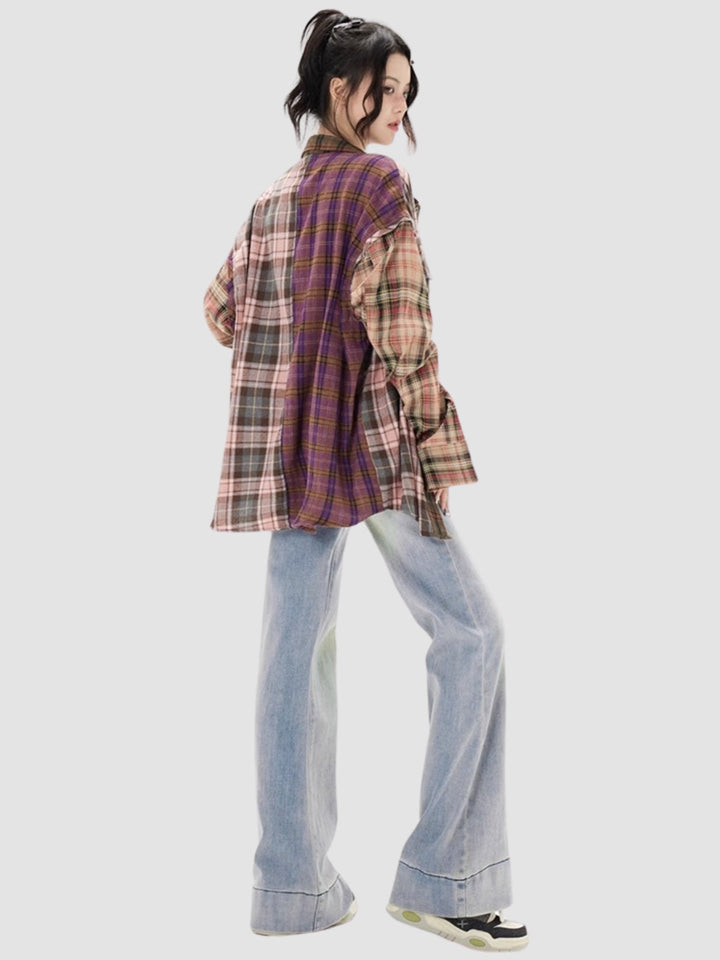 WLS Irregular Splicing Loose Retro Plaid Shirt