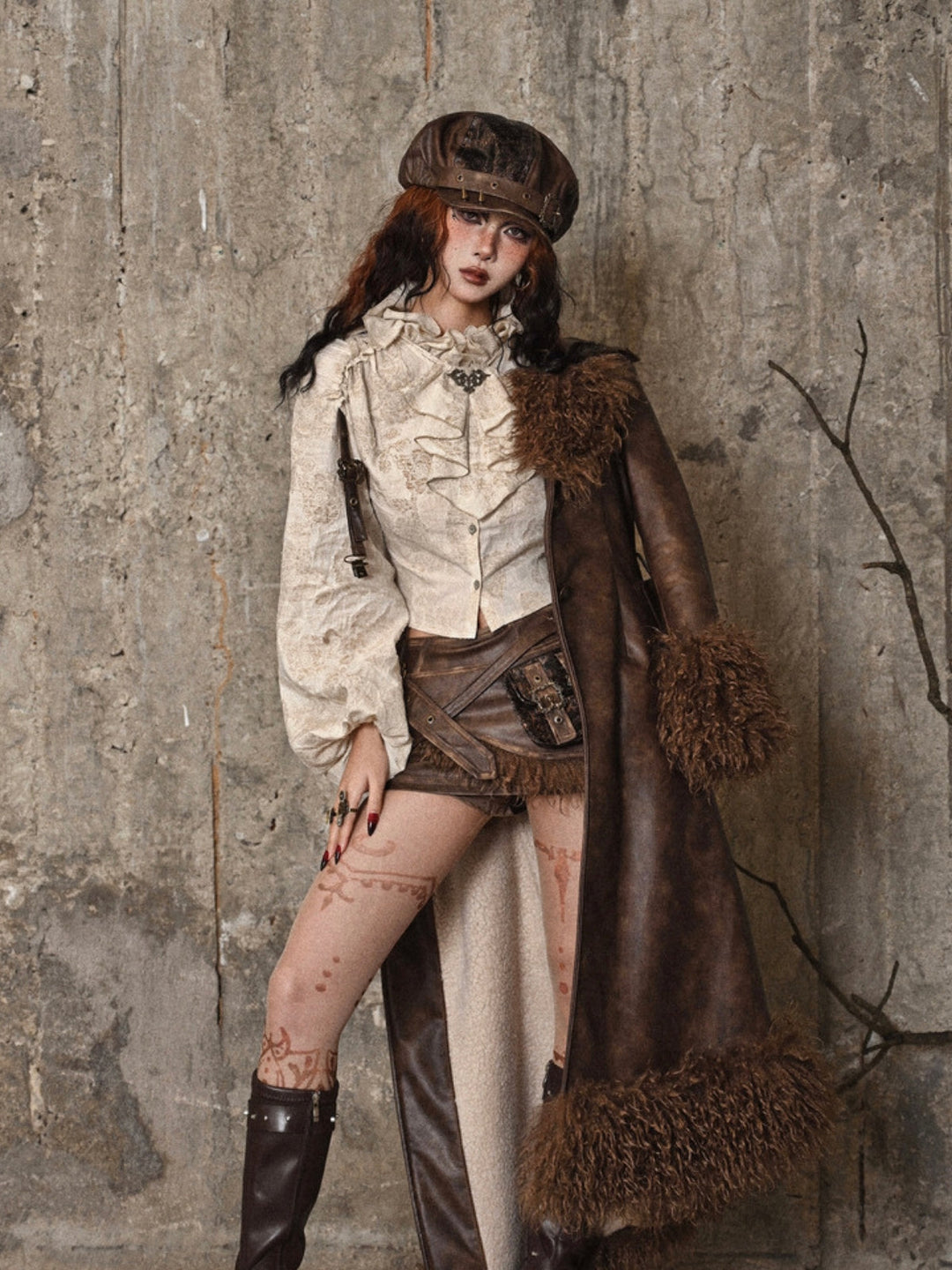 WLS Steampunk Stand Collar Ruffled  Linen Shirt