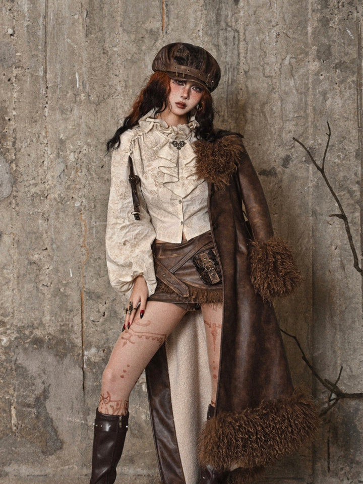WLS Steampunk Stand Collar Ruffled  Linen Shirt