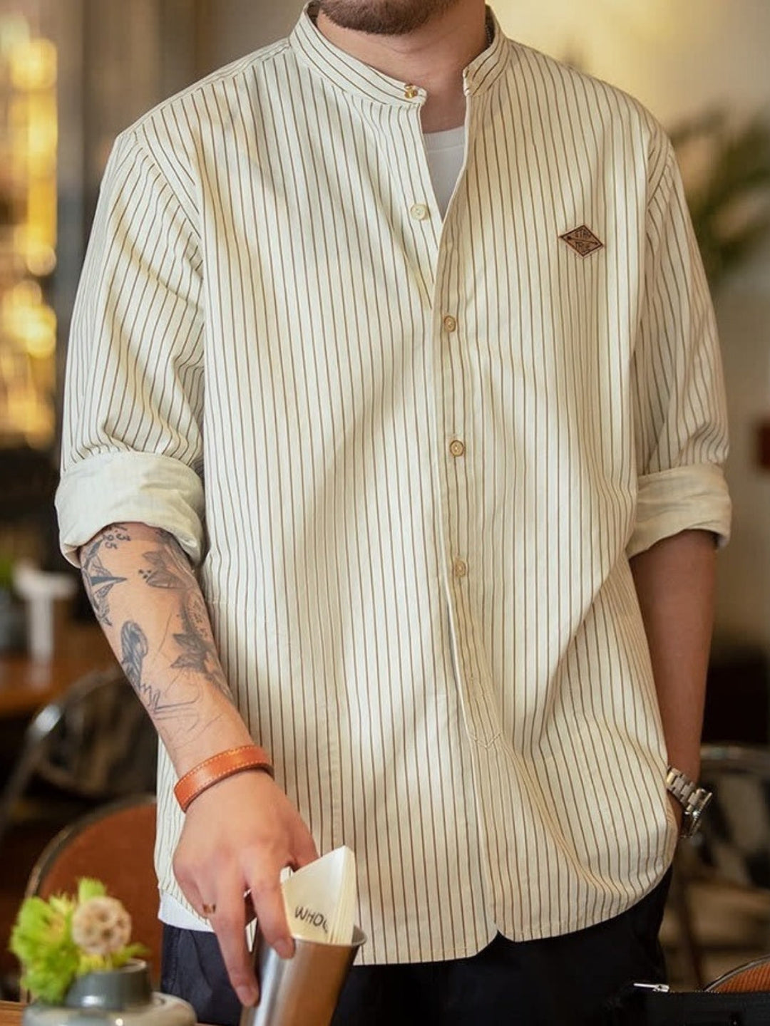 WLS Pinstripe Stand Collar Shirt