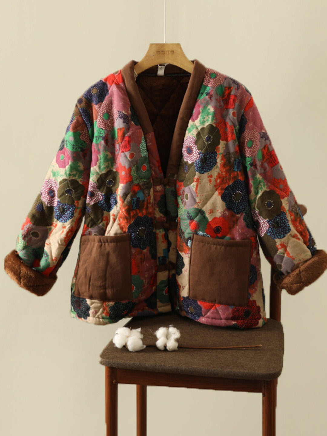 WLS Large Flowered Thickened Cotton Buckle Cardigan