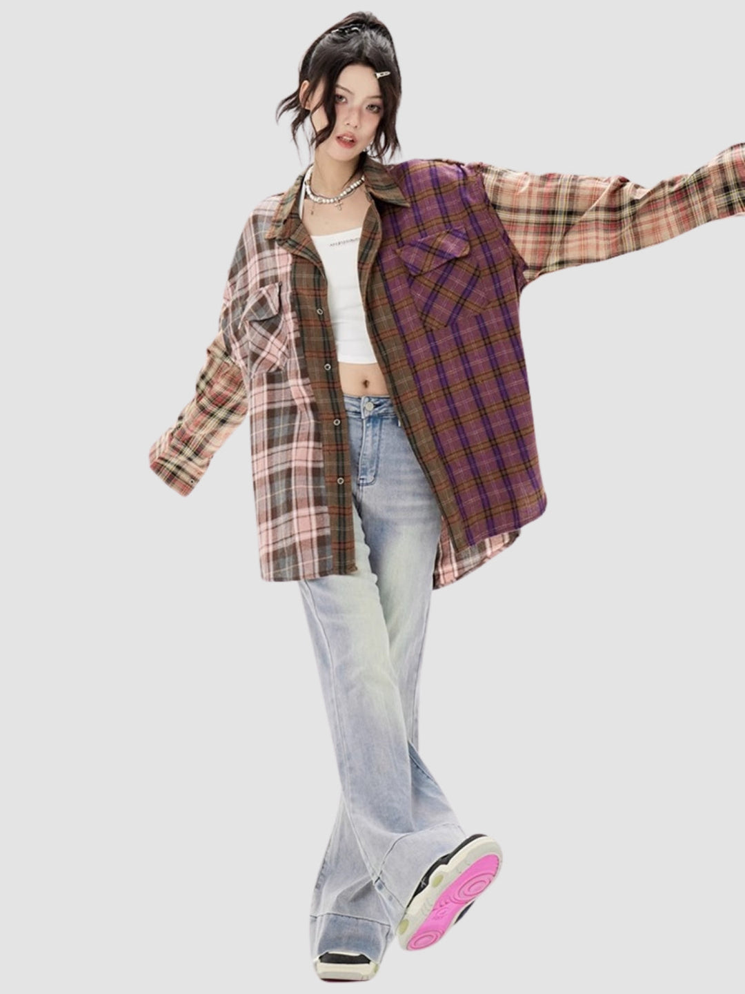 WLS Irregular Splicing Loose Retro Plaid Shirt