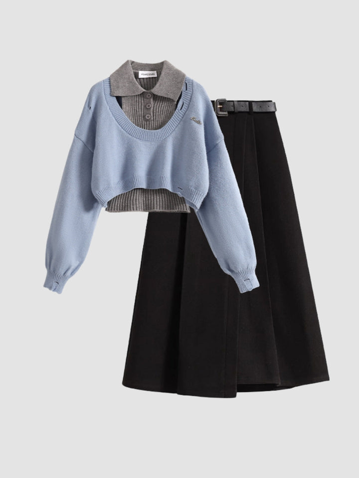 WLS Retro College Two-Pieces Woolen Sweater + Skirt