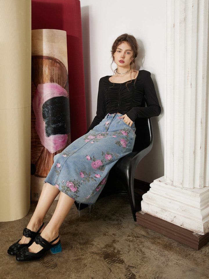 WLS Slim Split Denim Print Midi Skirt