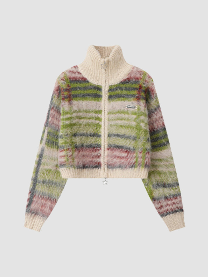 WLS Retro Striped Stand Collar Cardigan Jacket