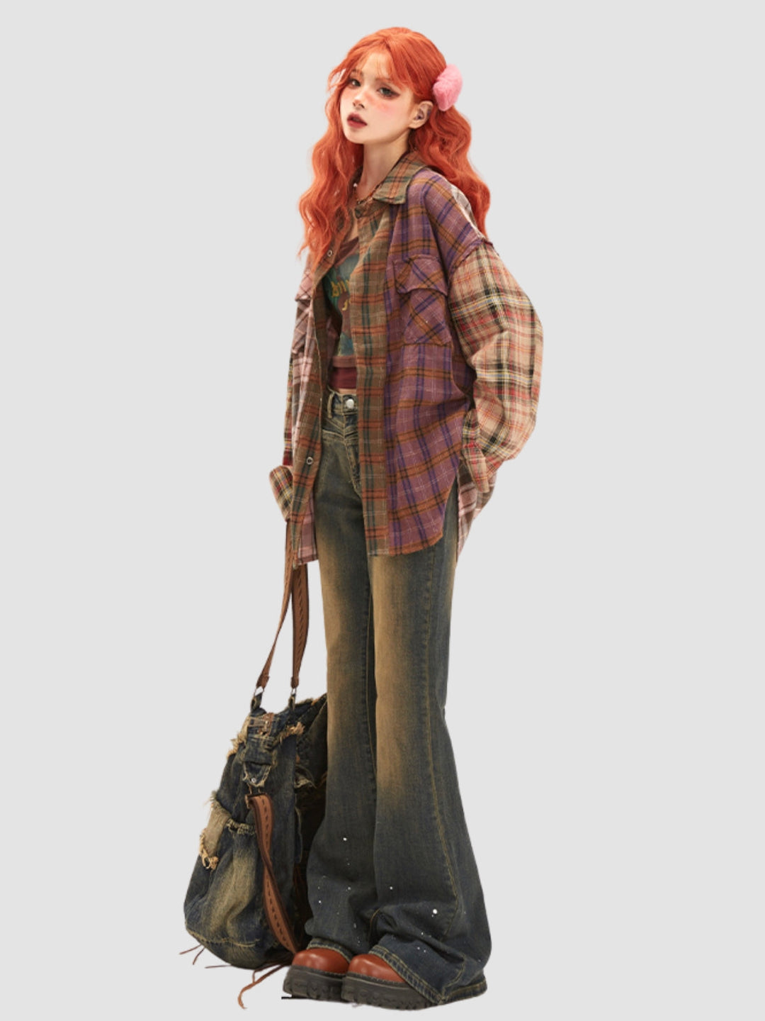 WLS Irregular Splicing Loose Retro Plaid Shirt