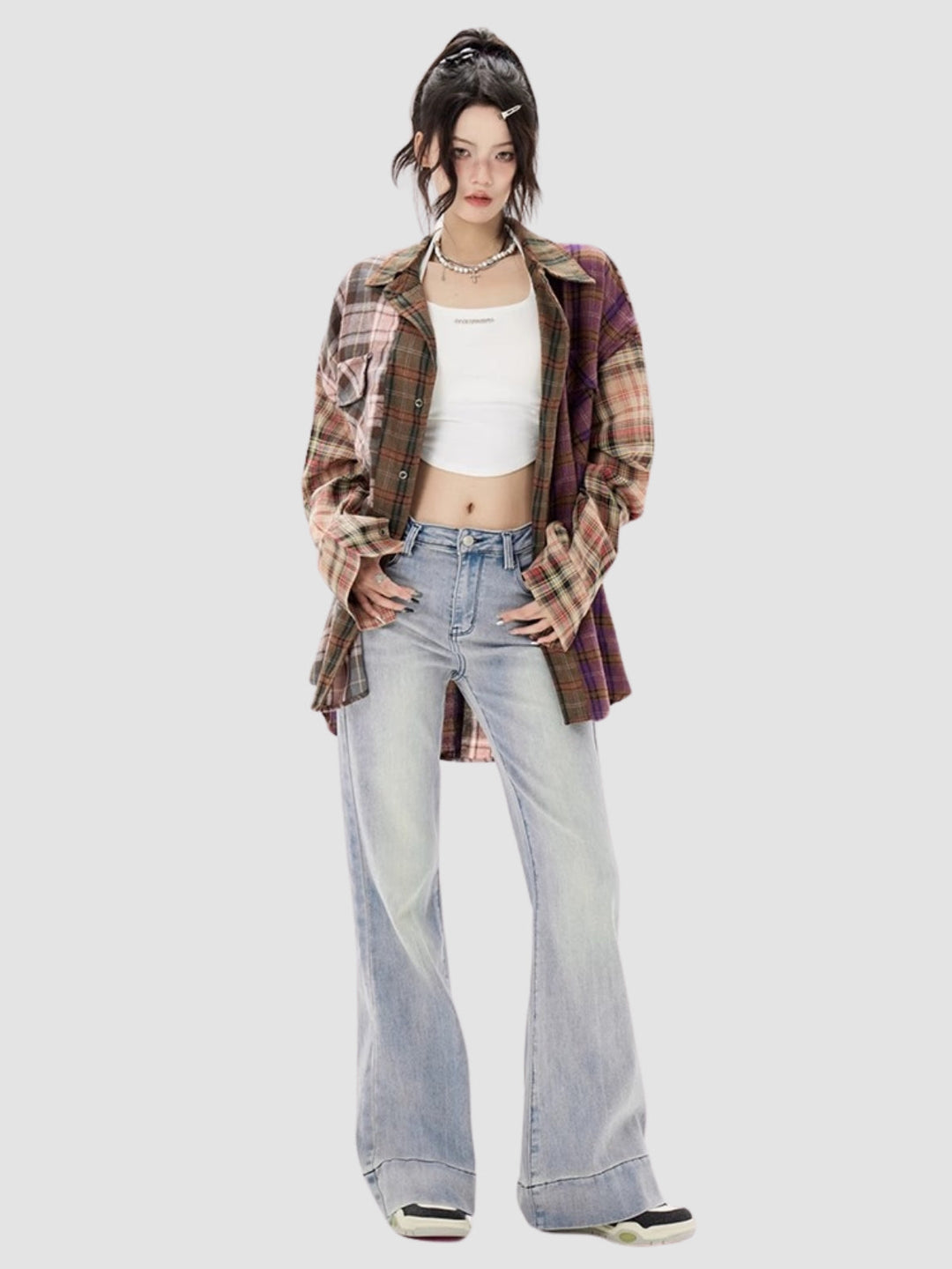 WLS Irregular Splicing Loose Retro Plaid Shirt