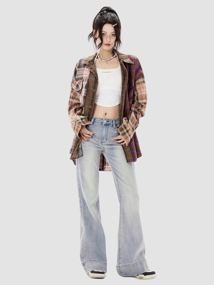 WLS Irregular Splicing Loose Retro Plaid Shirt