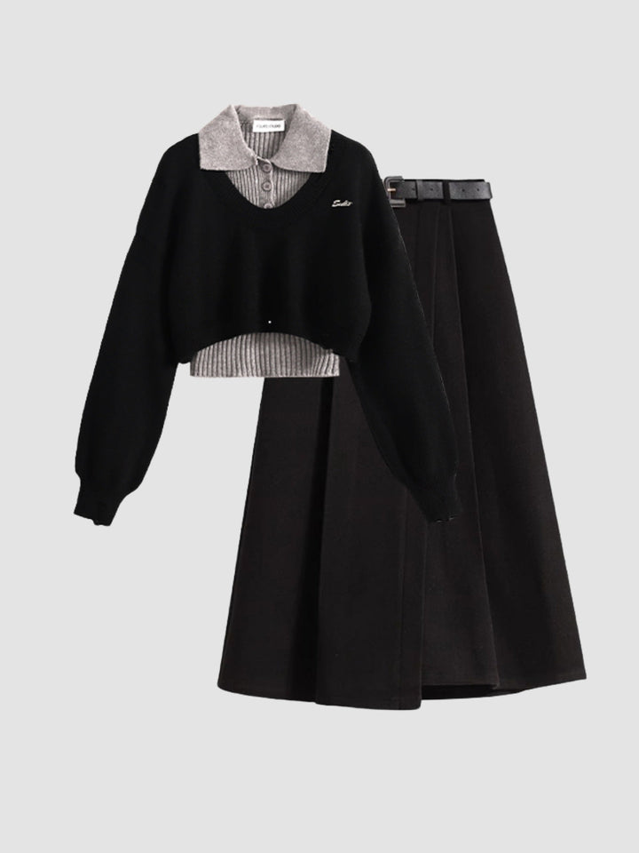 WLS Retro College Two-Pieces Woolen Sweater + Skirt