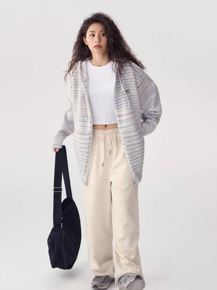 We Love Street Casual Zipper Hoodie Striped Knit Cardigan