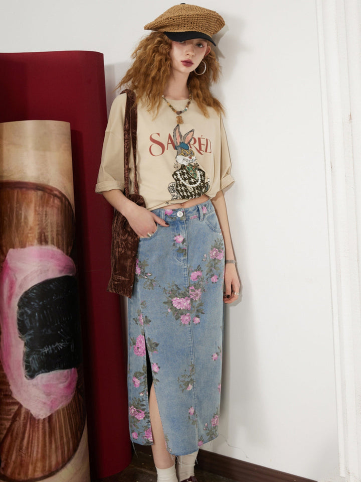 WLS Slim Split Denim Print Midi Skirt