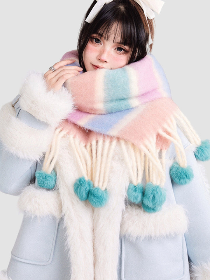WLS Colorful Striped Fur Ball Soft Scarf