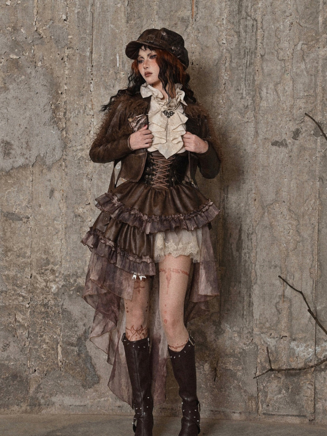 WLS Steampunk Stand Collar Ruffled  Linen Shirt