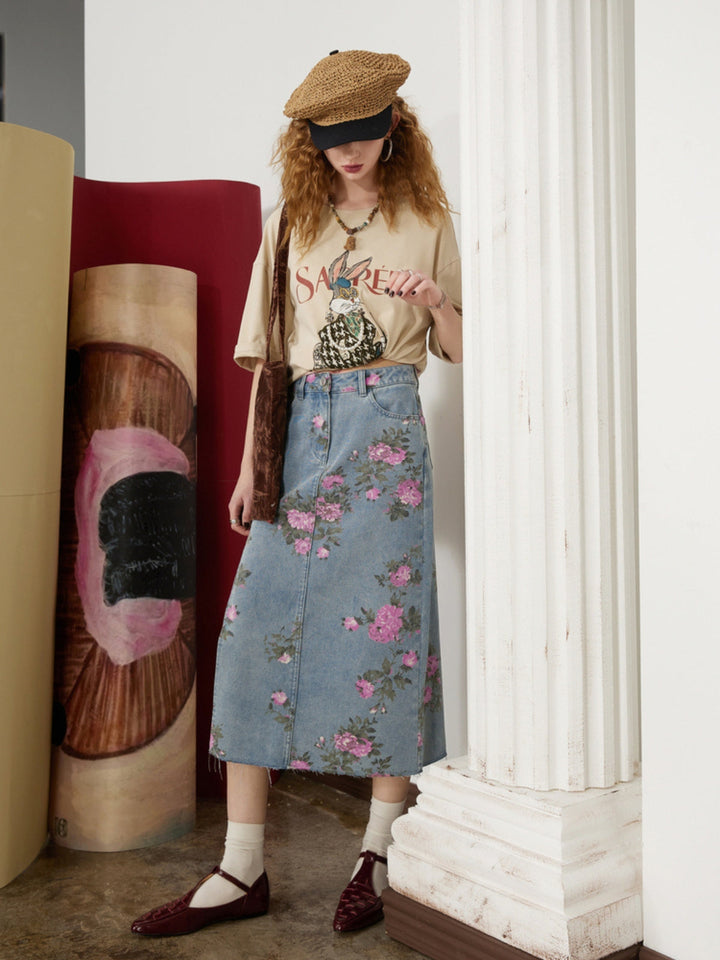 WLS Slim Split Denim Print Midi Skirt