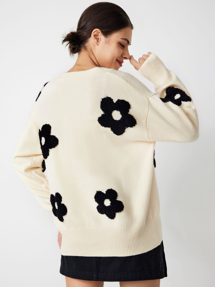 V-neck Graphic Floral Button Cardigan