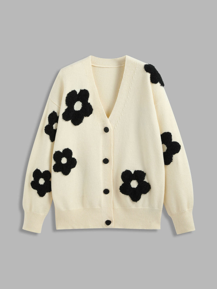 V-neck Graphic Floral Button Cardigan