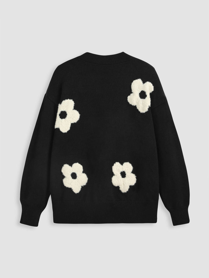 V-neck Graphic Floral Button Cardigan